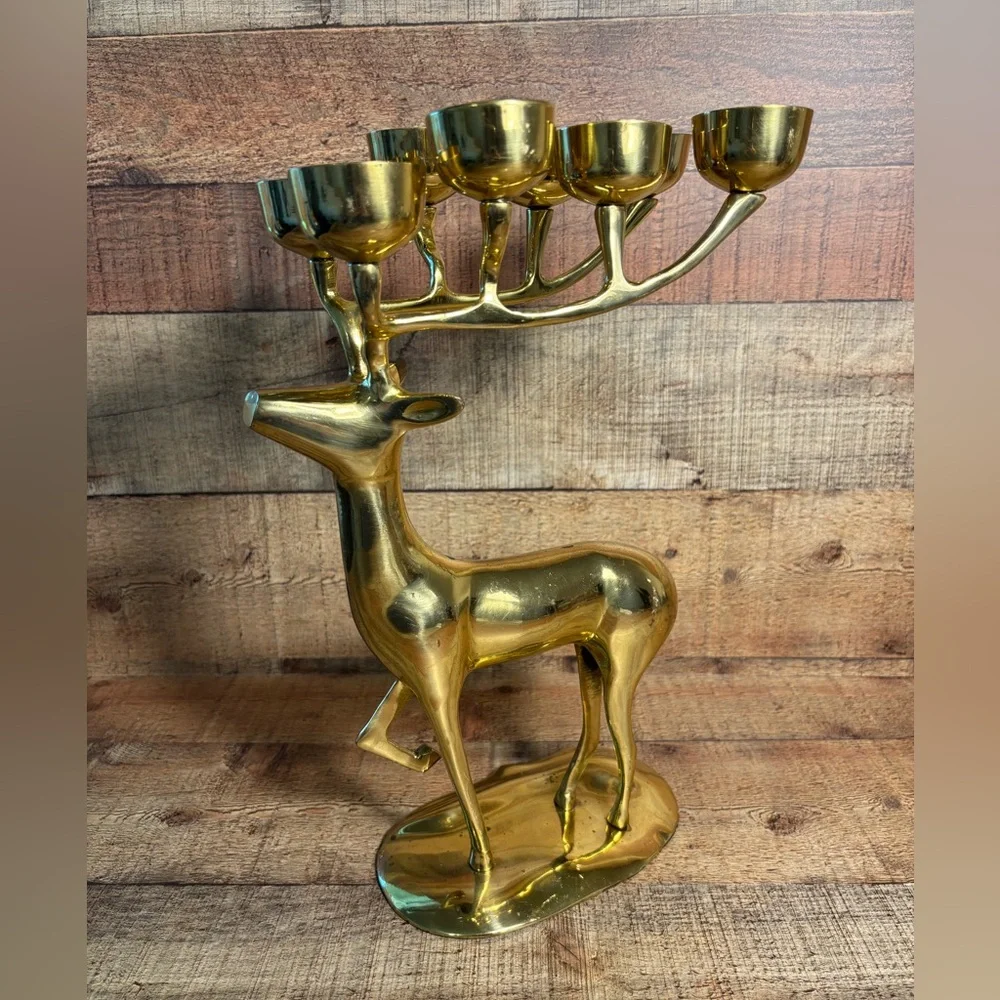 Vintage Large Tall 14.5” Brass Deer Reindeer Votive 8 Candle Holders MCM Holiday